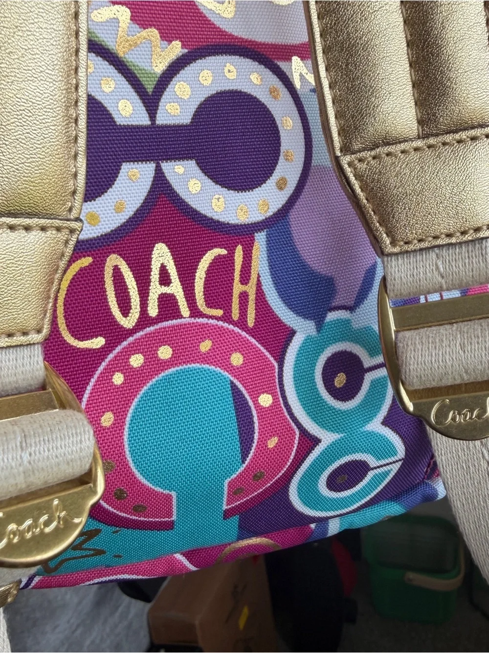 Coach Poppy Multicolor Graphic Print Backpack with Gold Hardware